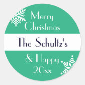 Persoonlijke vrolijke kerstmis sneeuwvlok ronde sticker (Voorkant)