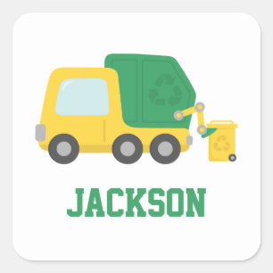 Persoonlijke vuilniswagen voor kinderen met recycl vierkante sticker