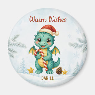 Persoonlijke warme wensen kerst draak in turquoise magneet