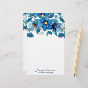 Persoonlijke waterverf bloemen in blauw briefpapier