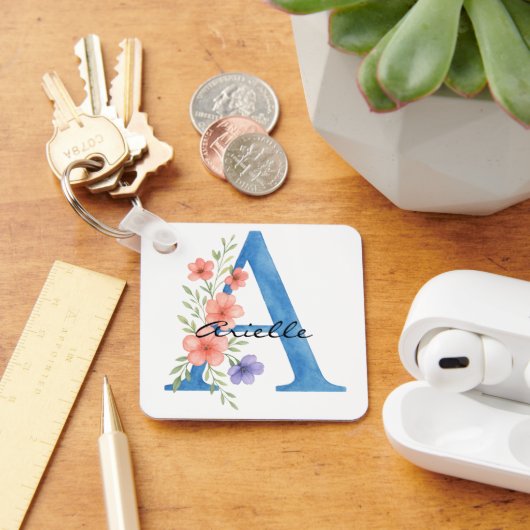 Persoonlijke waterverf bloemletter A monogram Sleutelhanger (Bureau)