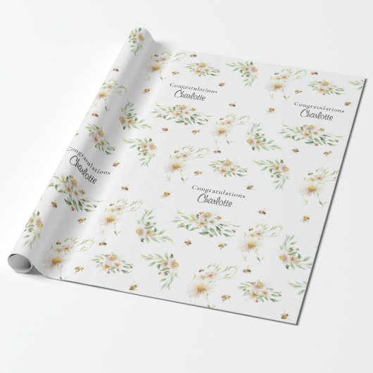 Persoonlijke Waterverf Floral Honeybee Cadeaupapier (Uitgerold)