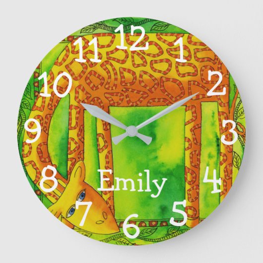 Persoonlijke Waterverf Giraffe Naam Grote Klok (Voorkant)