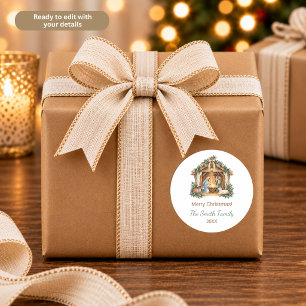 Persoonlijke waterverf kerststal scene ronde sticker