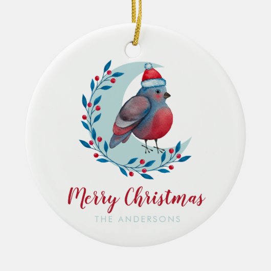 Persoonlijke Waterverf kerstvogel op maan Keramisch Ornament (Voorkant)