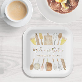 Persoonlijke waterverf keuken kookgerei papieren bordje