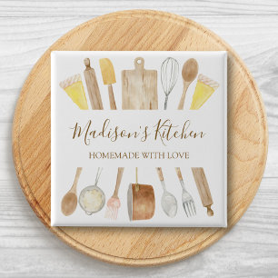 Persoonlijke waterverf keuken kookgerei  vierkante button 5,1 cm