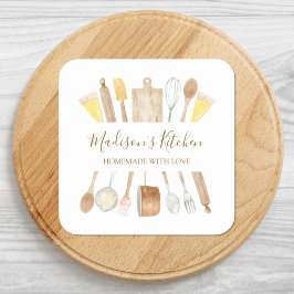 Persoonlijke waterverf keuken kookgerei vierkante sticker