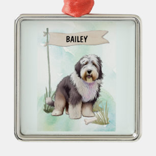 Persoonlijke waterverf Old English Sheepdog hond Metalen Ornament