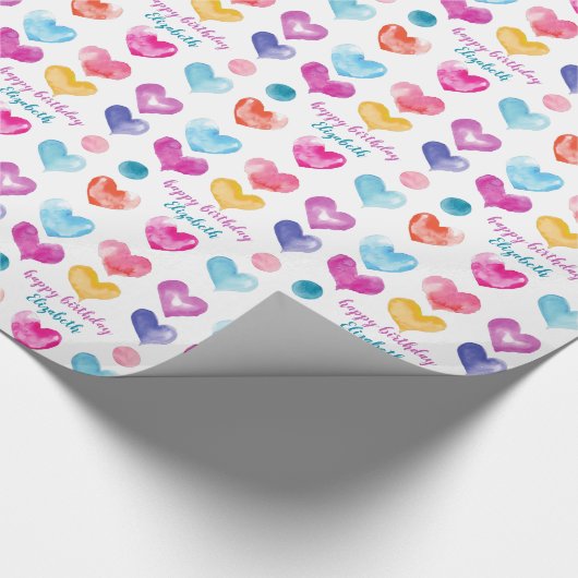 Persoonlijke  Waterverf op verjaardag Harten gevol Cadeaupapier (Hoek)