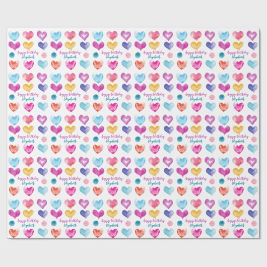 Persoonlijke  Waterverf op verjaardag Harten gevol Cadeaupapier (Vlak)