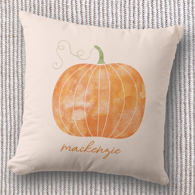 Persoonlijke Waterverf Pompoen Herfst Kussen (Watercolor pumpkin personalized custom script name autumn fall decor cozy throw pillow)