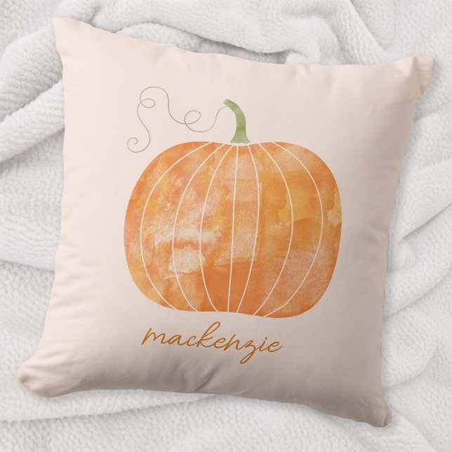 Persoonlijke Waterverf Pompoen Herfst Kussen (Watercolor pumpkin personalized custom script name autumn fall decor cozy throw pillow)