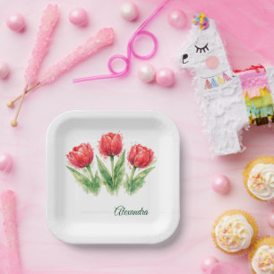 Persoonlijke waterverf rode tulpen papieren bordje