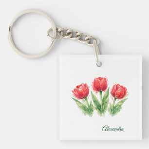 Persoonlijke waterverf rode tulpen sleutelhanger