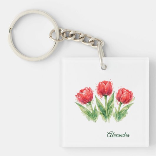 Persoonlijke waterverf rode tulpen sleutelhanger (voorkant)