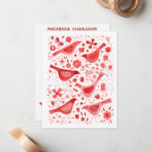 Persoonlijke waterverf rode vogels en wilde bloeme notitiekaartje (Voorkant / Achterkant in situ)