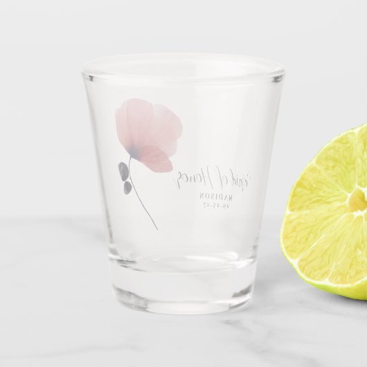 Persoonlijke waterverf roze klaproos bruidsmeisje shot glas (Achterkant)