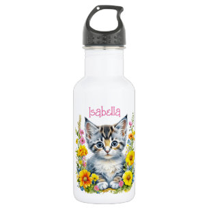 Persoonlijke waterverf van grijze kitten en bloeme waterfles 