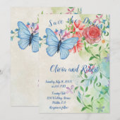 Persoonlijke waterverf vlinder en rode roos save the date (Voorkant / Achterkant)