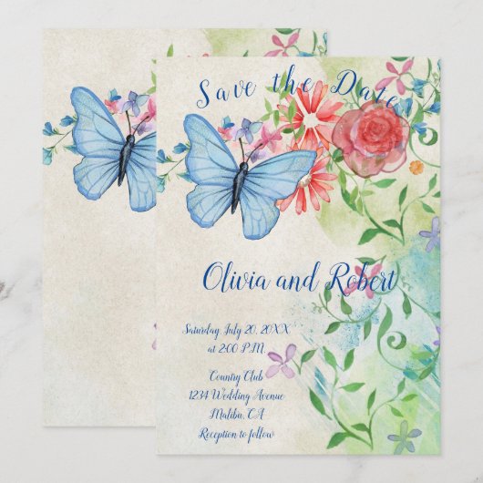 Persoonlijke waterverf vlinder en rode roos save the date (Voorkant / Achterkant)