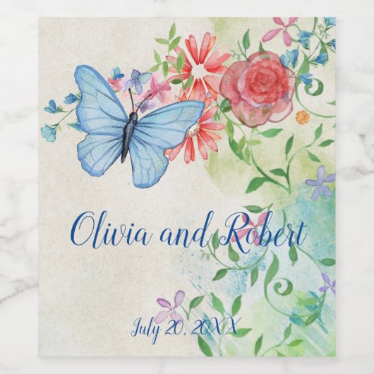 Persoonlijke waterverf vlinder en rode roos wijn etiket (Enkel label)