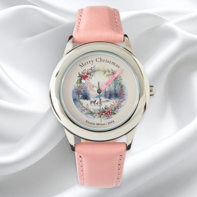 Persoonlijke waterverf winter sneeuw scène horloge (A personalized watch with 'Merry Christmas’ greeting and a pretty snow scene in a watercolor style)