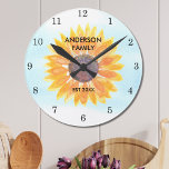 Persoonlijke Waterverf Zonnebloem Ronde Klok<br><div class="desc">Deze bloemenklok is versierd met een waterverf gele zonnebloem en blauwe hemelachtergrond. Maakt een perfect housewarming cadeau. Gemakkelijk aan te passen. Gebruik het ontwerpgereedschap om de tekstgrootte, -stijl of -kleur te wijzigen. Als we creëer ons kunstwerk zullen je dit exacte afbeelding van andere ontwerpers niet vinden. Originele Waterverf © Michele...</div>