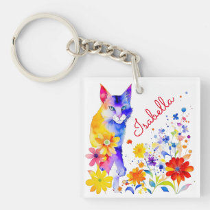 Persoonlijke waterverfkat en bloemen sleutelhanger