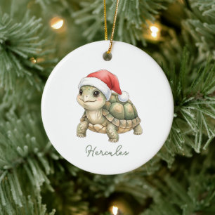 Persoonlijke waterverfschildpad met kerstmuts keramisch ornament