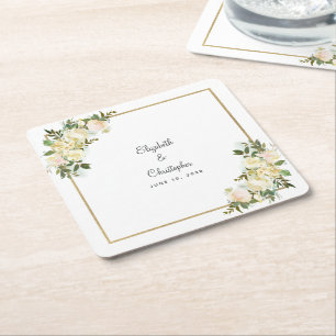 Persoonlijke waterverfwedding Elegante Roos Wit Kartonnen Onderzetters