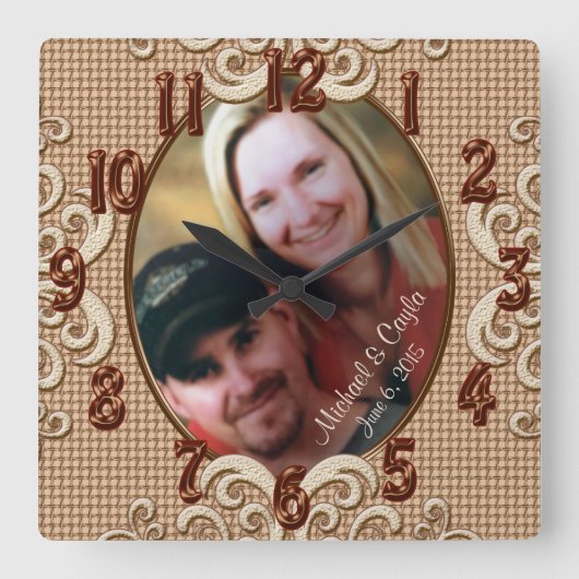 Persoonlijke weddenschapsklok FOTO, Namen, Datum Vierkante Klok (Voorkant)