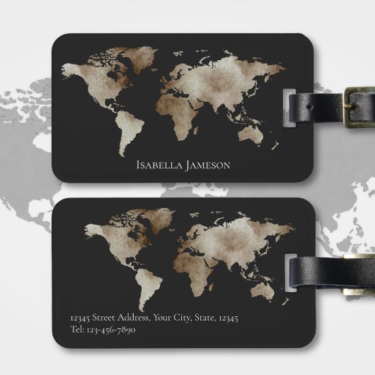 Persoonlijke wereldkaart in waterverf zilverzwart bagagelabel