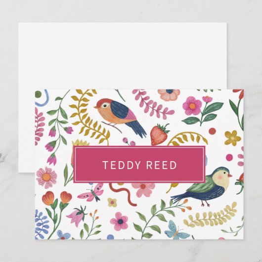 Persoonlijke Whimsical Bloemen Vogels Notitiekaartje (Voorkant / Achterkant)