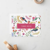 Persoonlijke Whimsical Bloemen Vogels Notitiekaartje (Voorkant / Achterkant in situ)