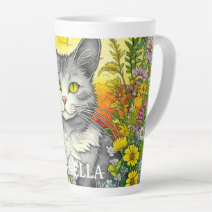Persoonlijke Whimsical Kat en Bloemen Latte Mok