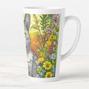 Persoonlijke Whimsical Kat en Bloemen Latte Mok