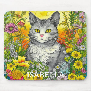 Persoonlijke Whimsical Kat en Bloemen Muismat