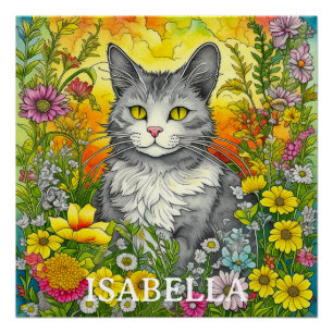 Persoonlijke Whimsical Kat en Bloemen Perfect Poster
