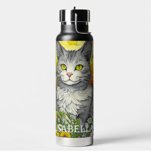 Persoonlijke Whimsical Kat en Bloemen Waterfles