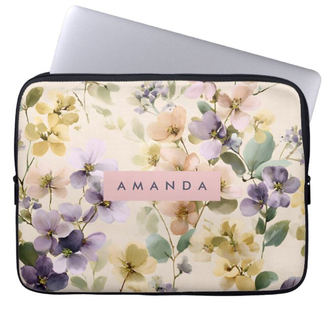 Persoonlijke Whimsical Pastel Waterverf Bloem Laptop Sleeve (Voorkant)