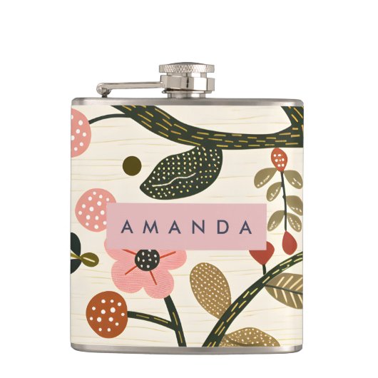 Persoonlijke Whimsical Retro Herfst Bloem Heupfles (Voorkant)