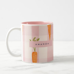 Persoonlijke Whimsical Wortel en Roze Gingham Tweekleurige Koffiemok