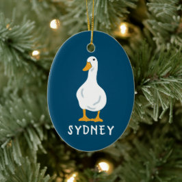 Persoonlijke White Duck Illustration Navy Blue Keramisch Ornament