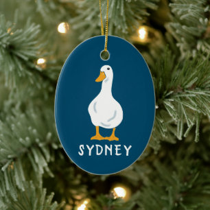 Persoonlijke White Duck Illustration Navy Blue Keramisch Ornament