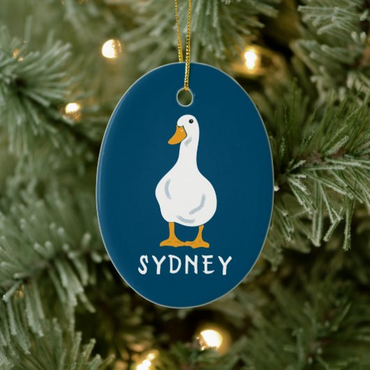 Persoonlijke White Duck Illustration Navy Blue Keramisch Ornament (Boom)