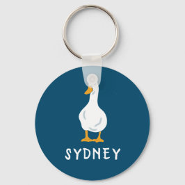 Persoonlijke White Duck Illustration Navy Blue Sleutelhanger