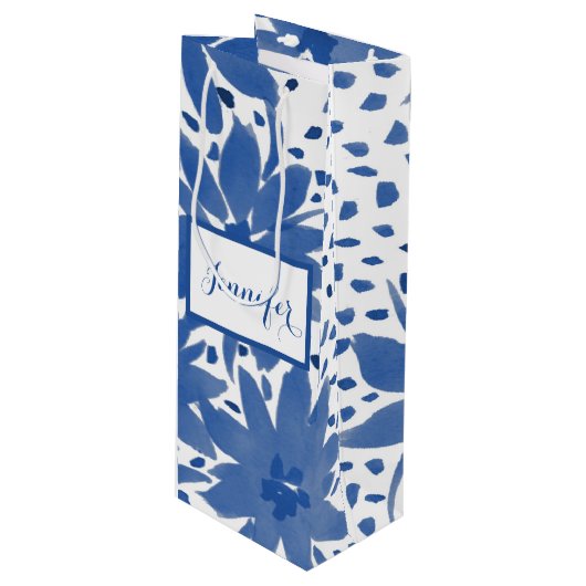 Persoonlijke wijn bloemendesign blauwe cadeautas (Voorkant Gekanteld)