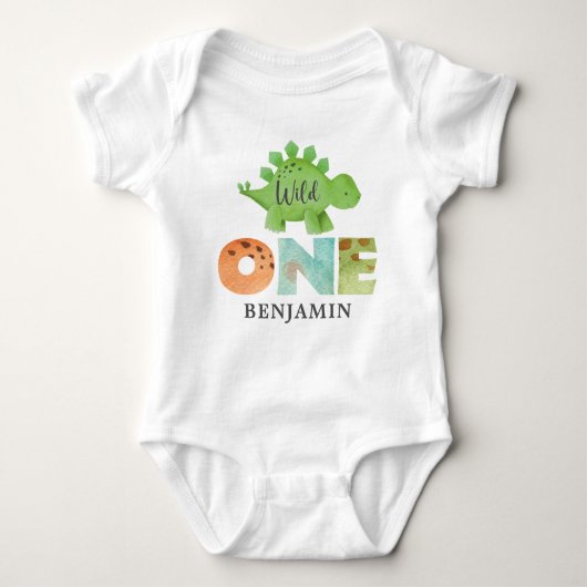 Persoonlijke WILD One Dinosaur First Birthday Baby Romper (Voorkant)