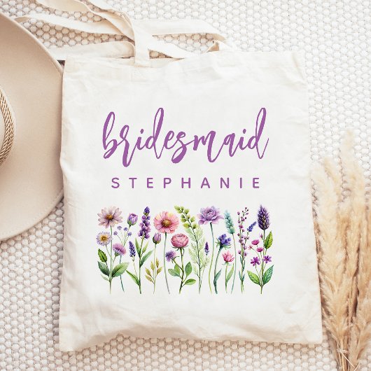 Persoonlijke Wilde Bloemen Paarse Schrift Bruidsme Tote Bag